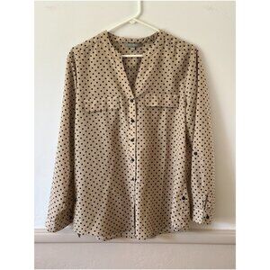 NY Collection Women’s Size L Button Down Tan Career Blouse Roll Tab Sleeves